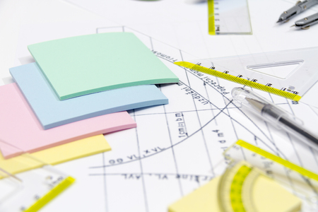 Photo of the Drawing tools with compass and calculatorの写真素材