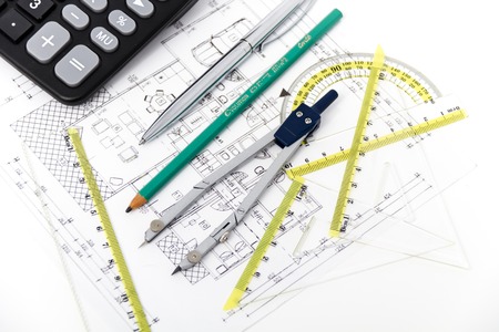 Photo of the Architectural project, pair of compasses, rulers and calculatorの写真素材