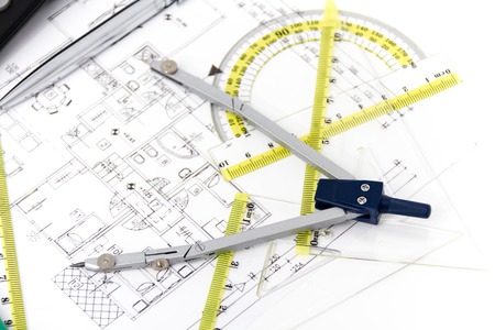 Photo of the Architectural project, pair of compasses, rulers and calculatorの写真素材