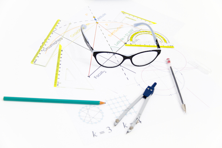 Photo of the Business Architectural project, pair of compasses, glasses, rulers and calculator - business conceptの写真素材