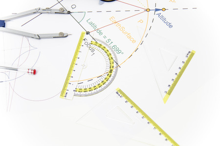 Photo of the Business Architectural project, pair of compasses, glasses, rulers and calculator -...