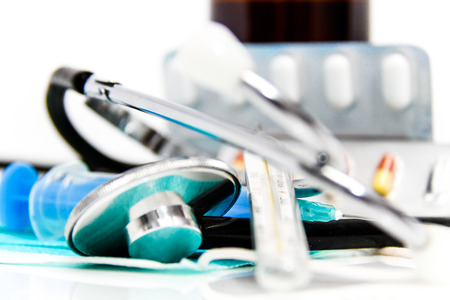 Photo of the Set for flu treatment, thermometer, nasal sprays, protective surgical mask,...