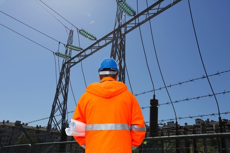 Electrical engineer looking at substation, back view