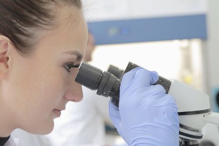 Young female scientist looking through a microscope in a laboratory doing research, microbiological...