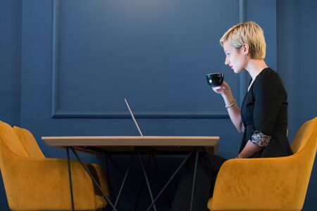 Young female business woman working connected with technological devices at the bar.  Young female creative coworker working with new startup project.の写真素材