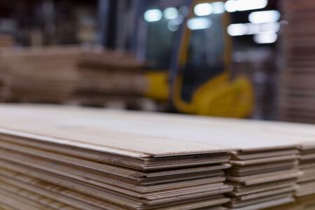 Timber Flooring Factory. Pile of cut wood in factory storage warehouse. Lumber in warehouse.の写真素材