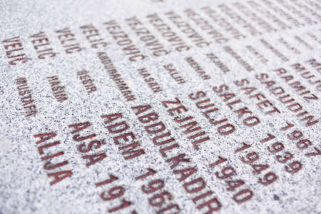 Srebrenica, Bosnia-Herzegovina, June 01 2020: Srebrenica-Potocari memorial and cemetery for the victims of the 1995 massacre,with names of some people killed during war.のeditorial素材