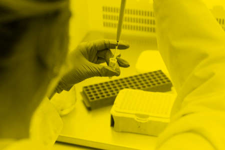 Young female Laboratory scientist working at lab with test tubes and microscope, test or research in...