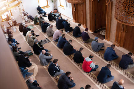 Sarajevo, Bosnia and Herzegovina; Omer ibn Hattab mosque; 17th  october 2020;  People praying in the...