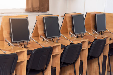 High school computer lab classroom is still empty after months of no classes due to the  pandemicの写真素材