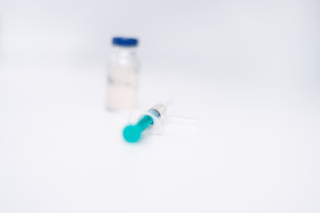 Covid-19 Corona Virus 2019-ncov vaccine vials medicine drug bottles syringe injection. Vaccination, immunization, treatment to cure Covid 19 Corona Virus infection. Healthcare And Medical concept.の写真素材