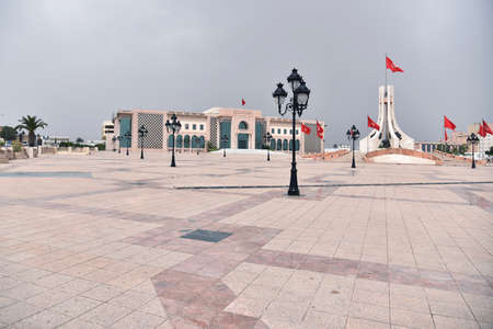 TUNIS, TUNISIA - JUNE  14, 2019: Street scene in downtown on Avenue Bourguiba near cathedral of St...