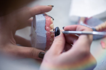 Dental prosthesis, dentures, prosthetics work. A study and a table with dental tools