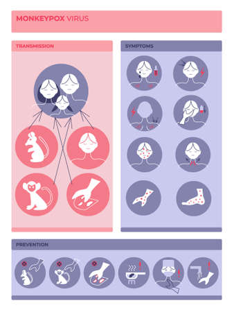 Monkypox_Virus. Infographics with symptoms, ways of infection, disease prevention.のイラスト素材