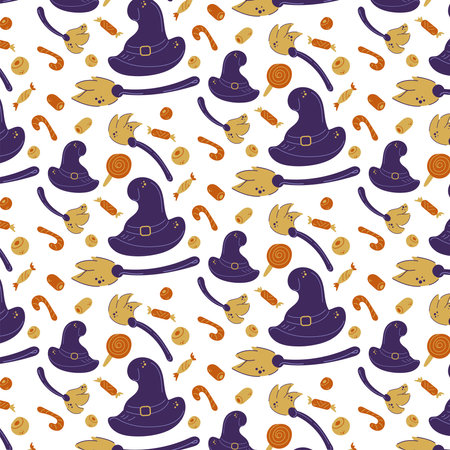 Halloween pattern1. Witch hats, witch brooms, candies and sweets.のイラスト素材