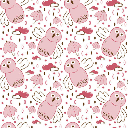 Owl pattern. Seamless pattern with cute owl, umbrella, clouds, rain.のイラスト素材