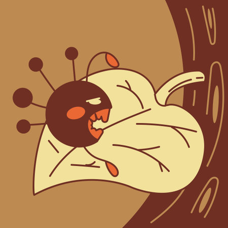 Fungi on a tree leaf. A cute toothy fungi eats a leaf that hangs on a tree. Cartoon vector color...