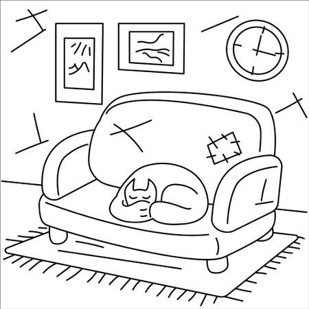 Sofa in the room. The sofa in the room stands on a rug, a clock and paintings hang on the wall, a cat is on the sofa. Cartoon vector black and white illustration.のイラスト素材