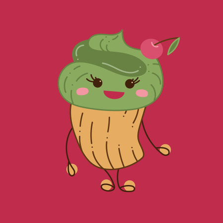 Cupcake character. Cute character cupcake girl with eyelashes and cherry. Cartoon doodle illustration.のイラスト素材