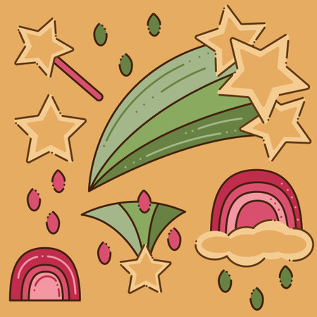 Rainbows. Cute rainbows, stars, magic wand and colorful rain. Cartoon doodle illustration.のイラスト素材