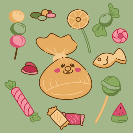 Candies. Cute cat muzzle candy character, different types of candies. Cartoon doodle illustration.のイラスト素材