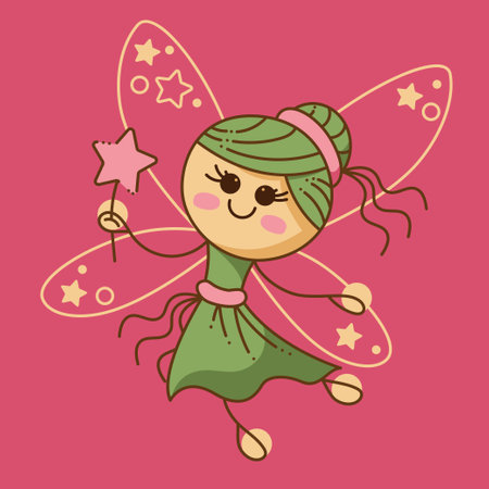 Fairy cut. Cute fairy with wings and a magic wand. Cartoon doodle illustration.のイラスト素材