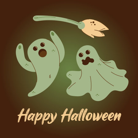 Halloween card. Greeting card with ghosts and wishes for a happy Halloween. Cartoon vector doodle illustrationのイラスト素材