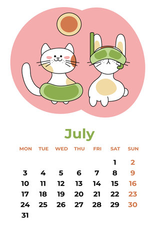 July 2023. Calendar sheet with a rabbit in a water mask and a cat in a towel. Cartoon vector illustration.のイラスト素材