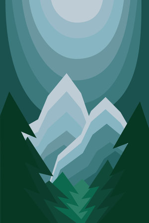 Landscape with two mountains and forest. Abstract landscape with mountains and a forest in the foreground in blue-green tones. Cartoon vector illustration.のイラスト素材