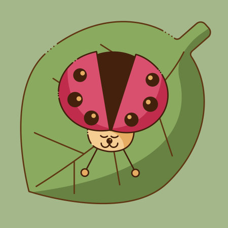 Cute ladybug character. Top view cartoon ladybug sits on a green leaf. Cartoon doodle illustration.のイラスト素材