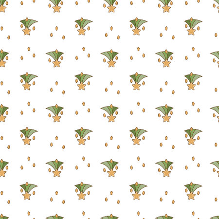 Pattern with stars and rainbow. Seamless cute pattern with green rainbow, yellow stars and rain. Cartoon vector illustration.のイラスト素材