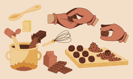 Brigadeiro candy cooking. How to make Brazilian sweets. Cartoon vector illustration.のイラスト素材