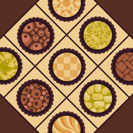 Brigadeiro candies in a box. Nine Brazilian round sweets in a small box top view. Cartoon vector illustration.のイラスト素材