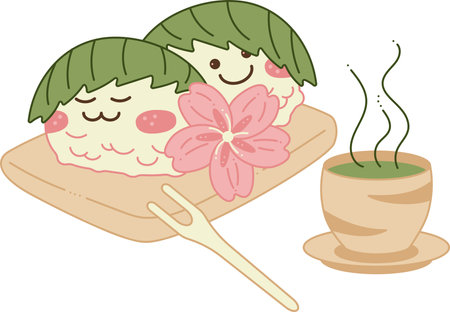 Sakura mochi set. Two cute sakura mochi characters with sakura flower and cup of matcha tea. Doodle cartoon vector illustration. &#xD;&#xA;のイラスト素材