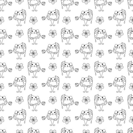Sakura mochi pattern. Seamless pattern with cute mochi character. Doodle cartoon vector illustration.のイラスト素材