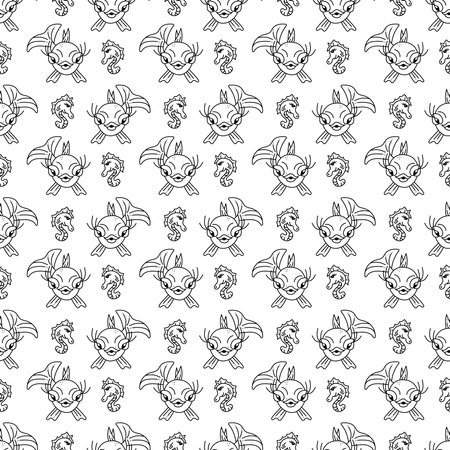 Fish pattern2. Cute seamless pattern with fish and sea horse. Cartoon white and black vector illustration.&#xD;&#xA;のイラスト素材