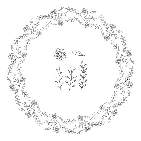 Round shape garland from one flower, leaf and three branch abstract. Doodle vector illustration.のイラスト素材