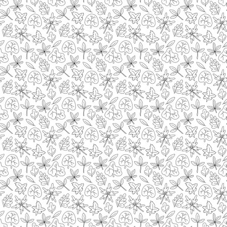 Pattern with doodle leaves. Seamless pattern with 8 types of leaves. Cartoon black and white illustration.&#xD;&#xA;のイラスト素材