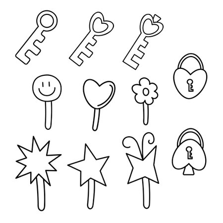 Cute set of keys, locks, magic wands and lollipops. Doodle vector black and white illustration.のイラスト素材