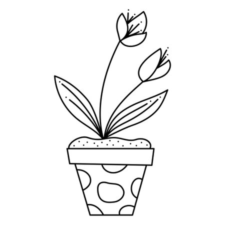 Abstract flower in a pot. Doodle vector black and white illustration.のイラスト素材