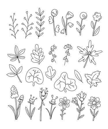 Big cute set with abstract flowers and flower characters. Doodle hand draw outline vector illustration.のイラスト素材