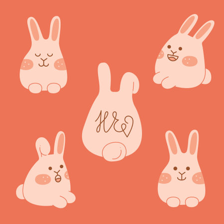 Set of five cute Easter bunnies. Doodle vector color illustration.のイラスト素材