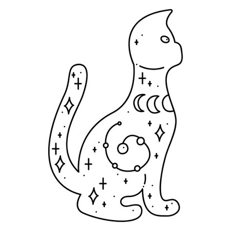 Silhouette of a cute esoteric cat with constellation, lunar phases and stars. Doodle vector illustration, clipart.のイラスト素材