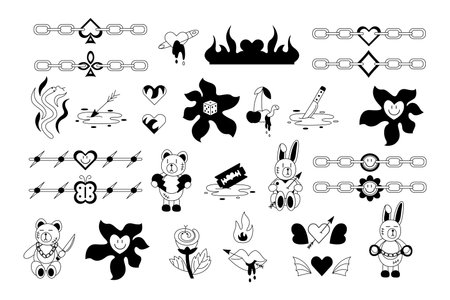 Large tattoo set in the style of the 90s, 2000s. Black and white doodle vector illustration.のイラスト素材