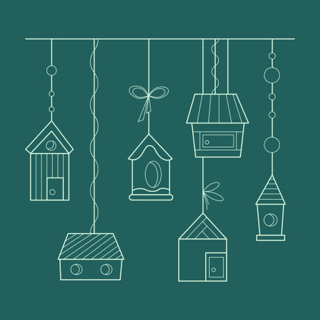 Set of 6 birdhouses hanging on strings. Doodle vector color illustration.のイラスト素材