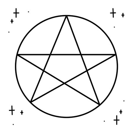 Magic pentagram surrounded by stars. Doodle vector illustration, clipart.のイラスト素材