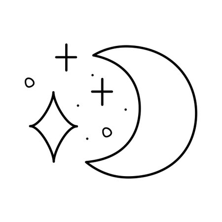 Crescent and stars. Doodle black and white vector illustration.のイラスト素材
