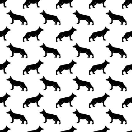 Seamless pattern with german shepherd silhouette. Doodle black and white vector illustration.の写真素材