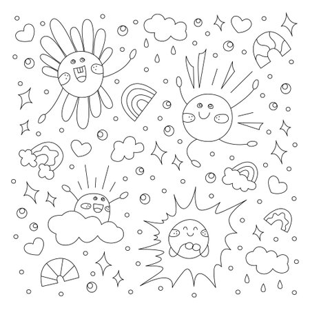 A set with cute sun characters, as well as clouds and rainbows. Doodle black and white vector illustration.のイラスト素材