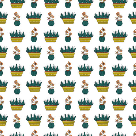 Seamless pattern with two pots for flowers. Doodle color vector illustration.のイラスト素材
